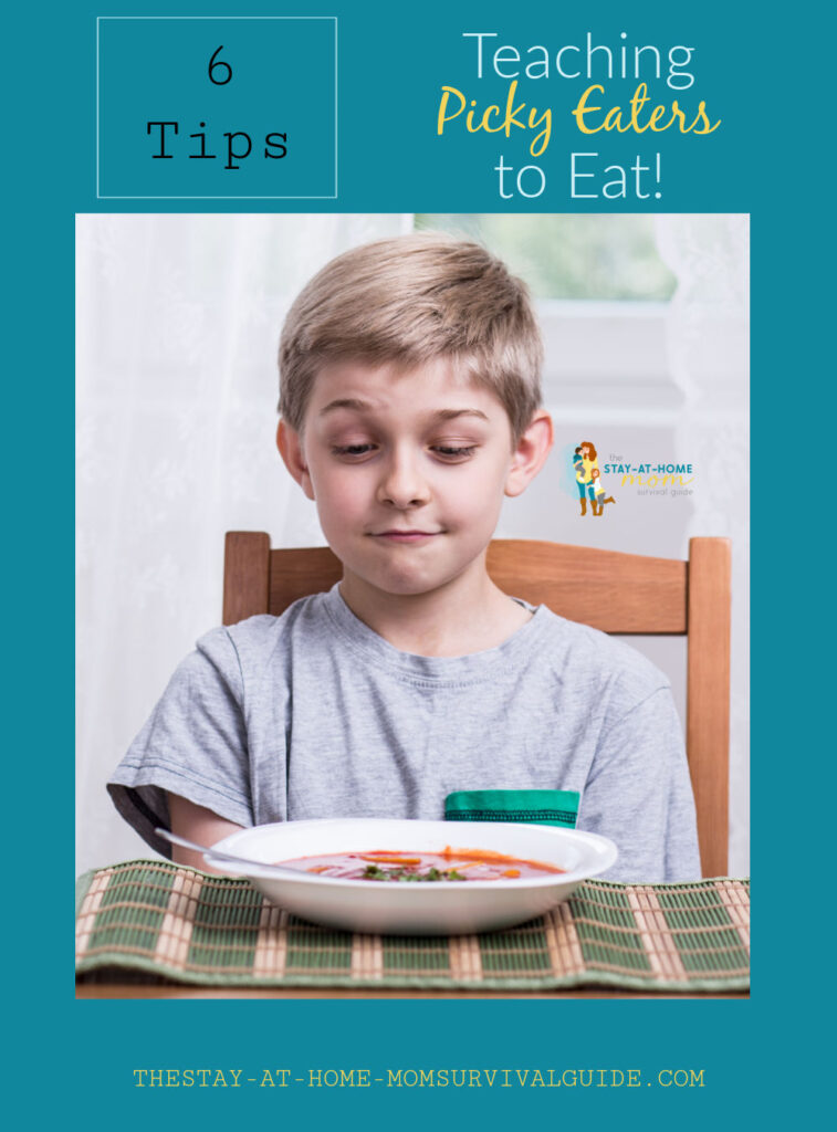 Boy looking at his plate of food with a skeptical look on his face. Text reads 6 tips teaching picky eaters to eat.