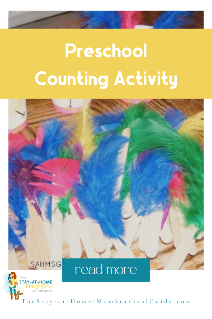A variety of colored feather in a pile. Text reads preschool counting activity.