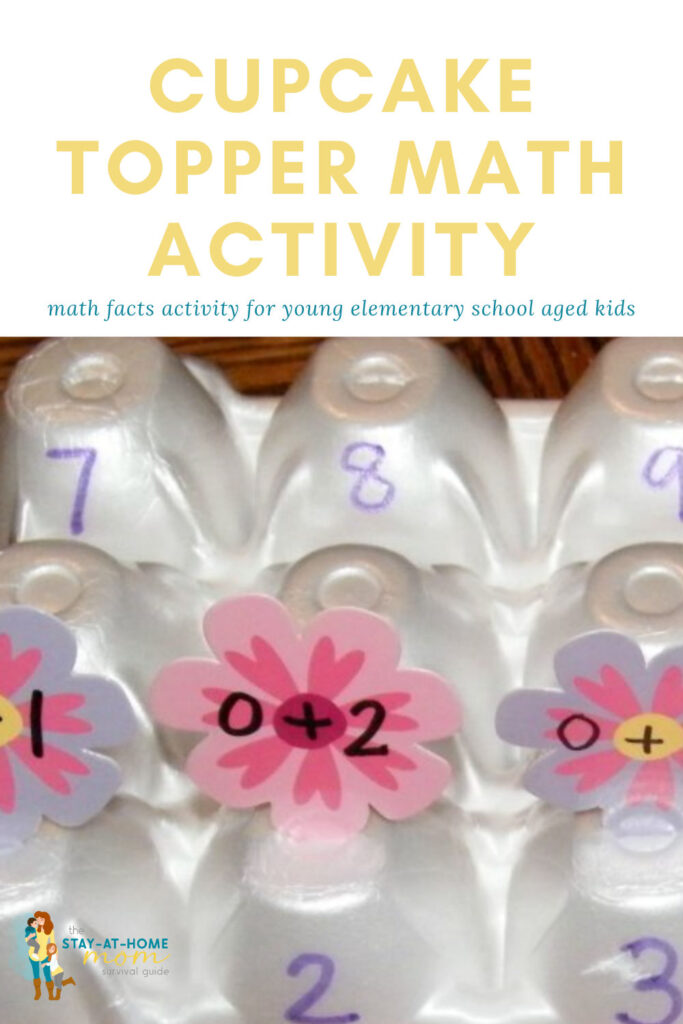 Egg carton with cupcake toppers shown make a math game. Text reads cupcake topper math activity.