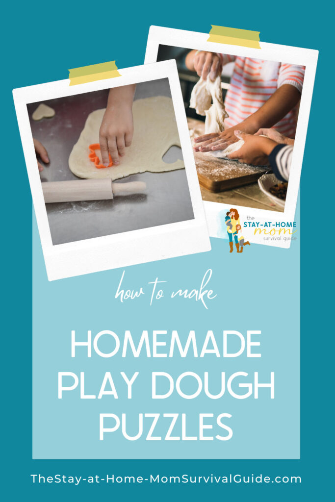 Polaroid photos showing kids kneading and pulling play dough. Text reads Homemade play dough puzzles to diy at home.