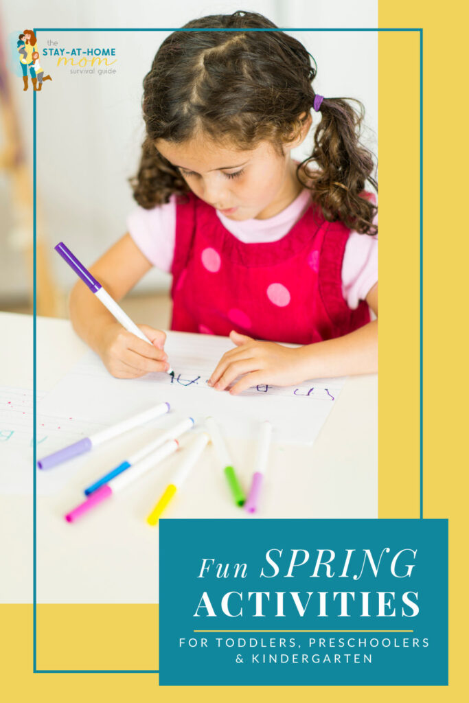 Girl coloring with a marker. Text reads fun spring activities for toddlers, preschoolers and kindergarten kids to do in spring.