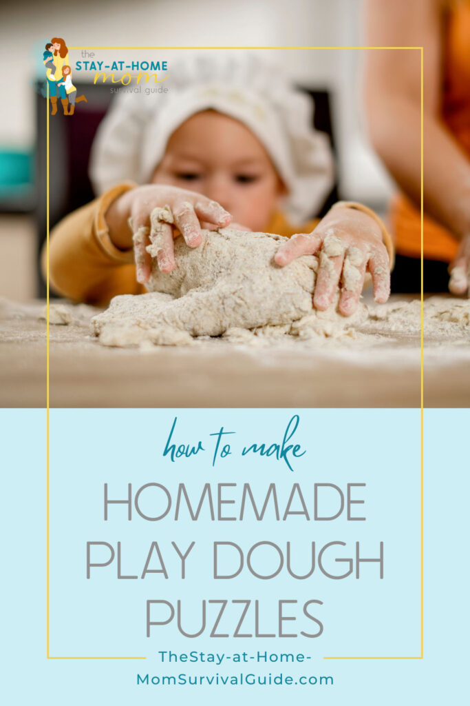 Child with chef hat on kneading dough with their hands. Text reads homemade play dough puzzle for kids.
