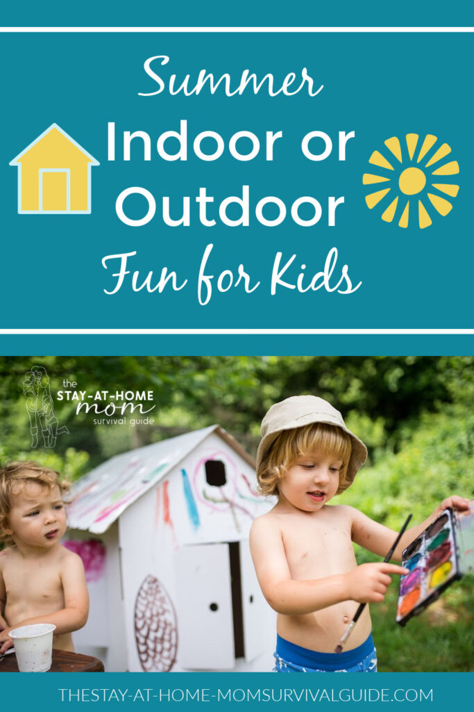 Two toddlers with paints outdoors in front of a playhouse. Text reads summer indoor or outdoor fun for kids.