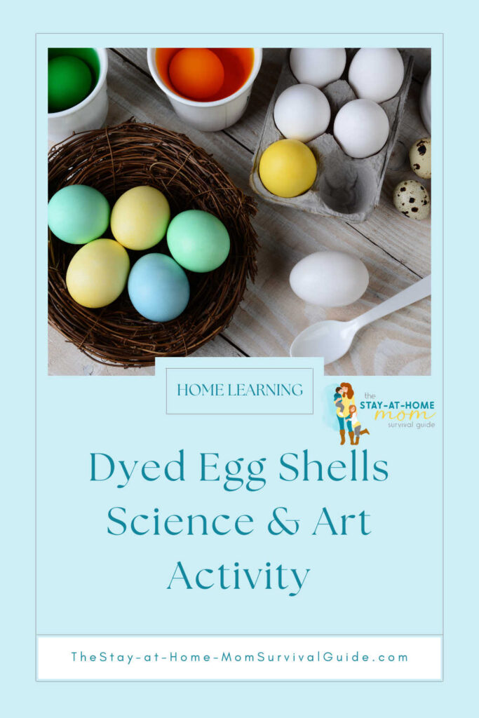 Dyed egg shells shown in a carton and in a nest. Text reads dyed egg shells science and art activity.