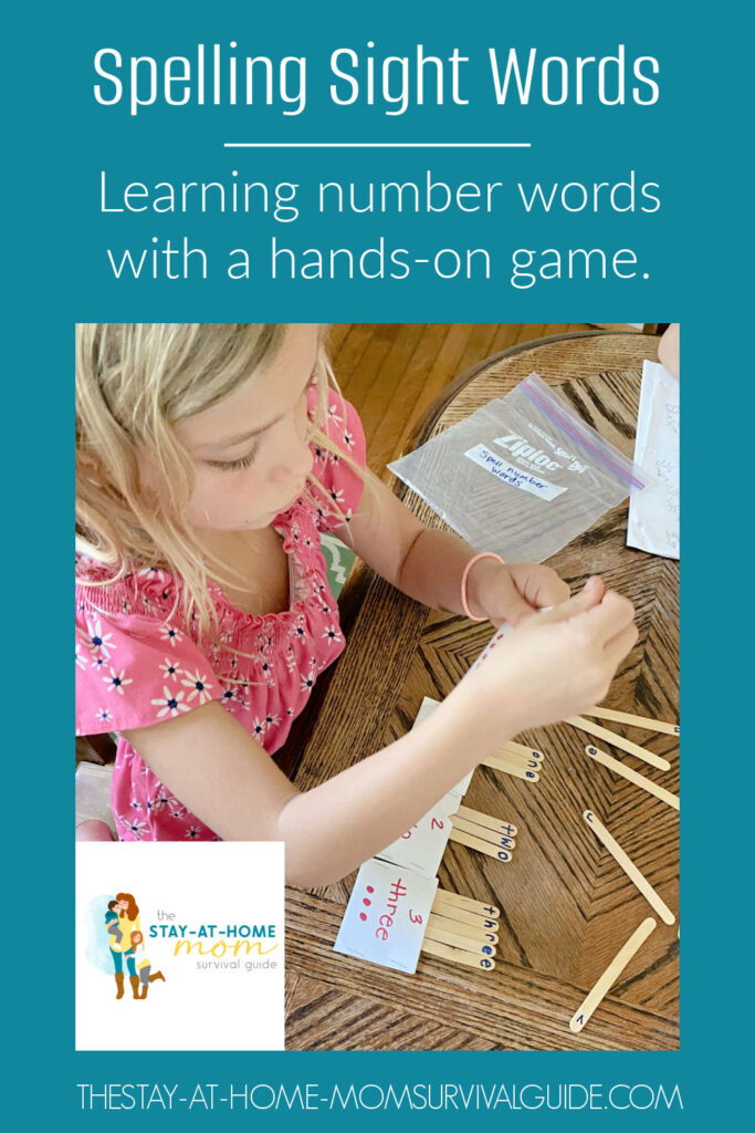 Child placing craft sticks into the labeled paper pockets to spell number words. Text reads spelling sight words learning number words with a hands-on game.