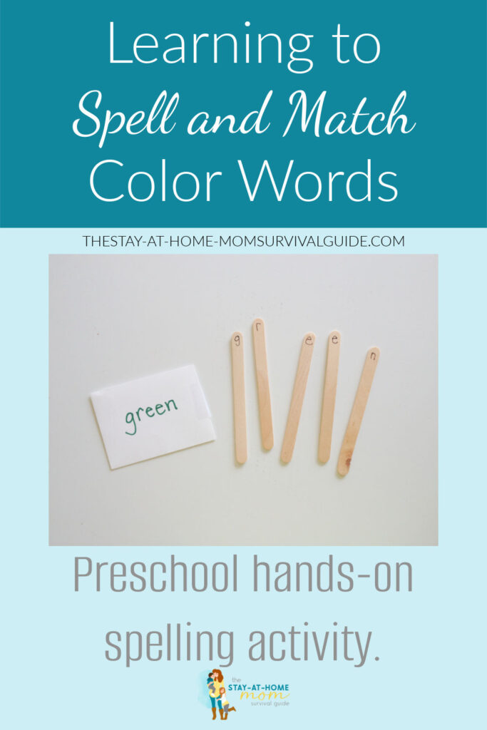 Craft stick color word spelling game for a preschool hands-on spelling activity.