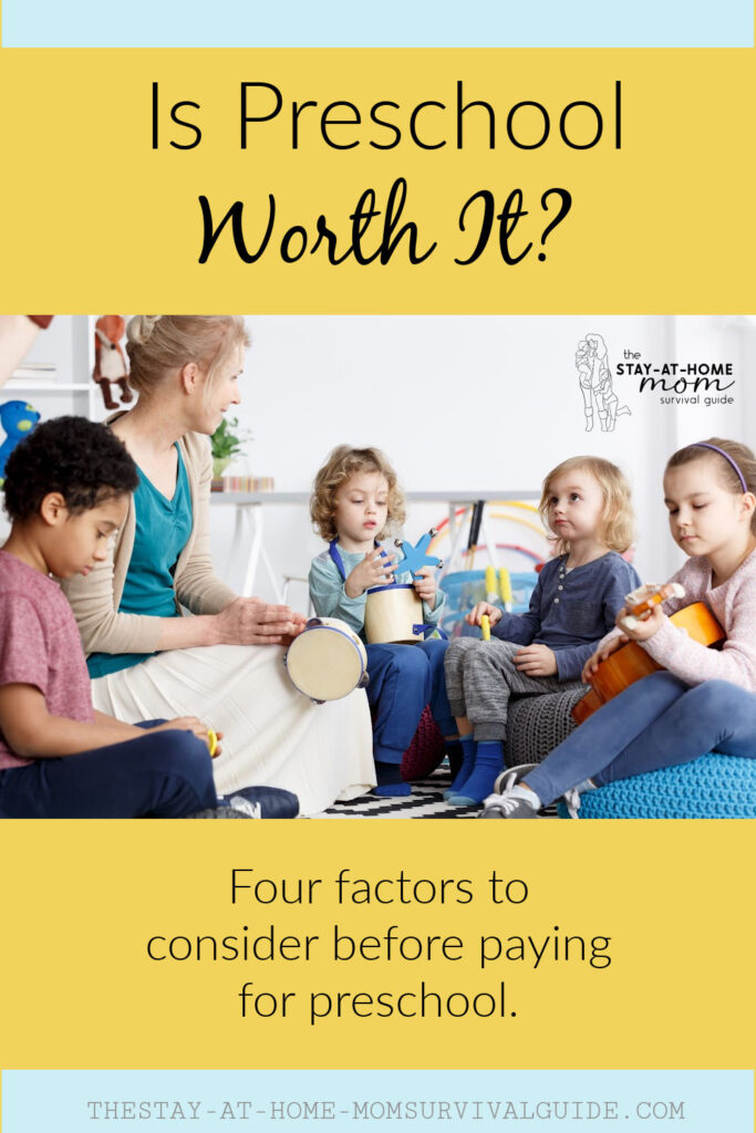 Teacher seated with children for show and tell. Text reads is preschool worth it? Four factors to consider before paying for preschool.