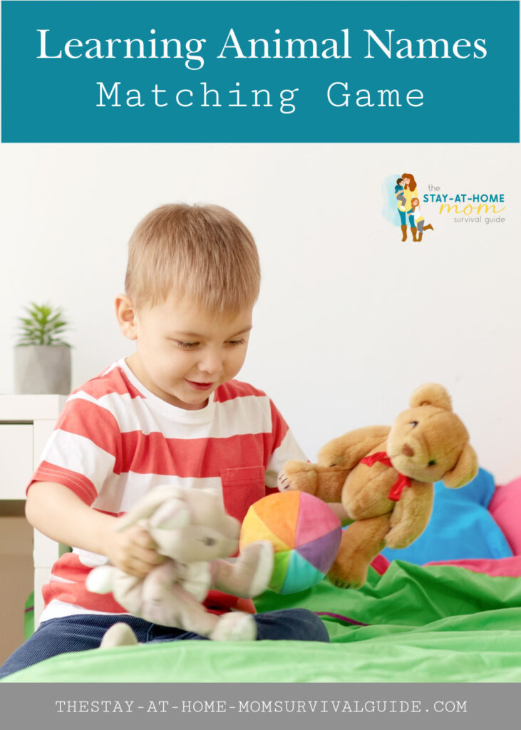 Toddler boy playing with stuffed animals. Text reads learning animal names matching game.