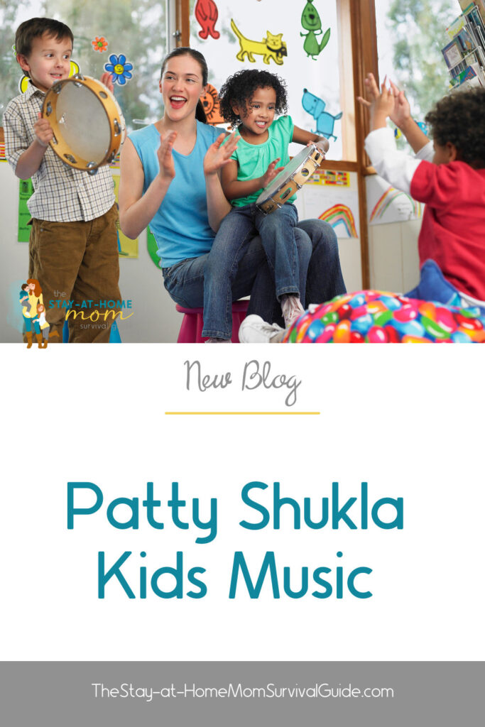 Music teacher and kids dancing with instruments. Text reads new blog post Patty Shukla kids music.
