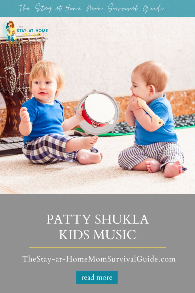 Two toddlers playing with toy instruments. Text reads Patty Shukla kids music.