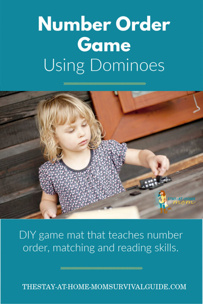 Preschool girl playing with dominoes text reads number order game using dominoes.