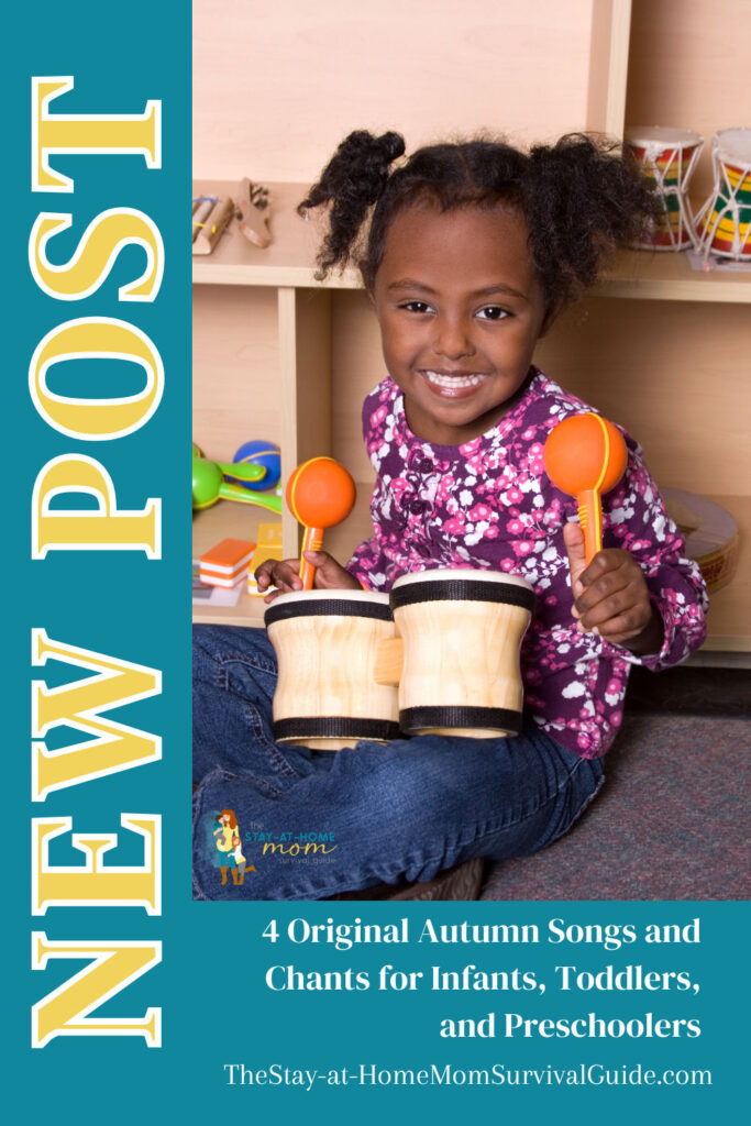 Girl playing small drums. Text reads 4 original autumn songs and chants for infants, toddlers, and preschoolers.