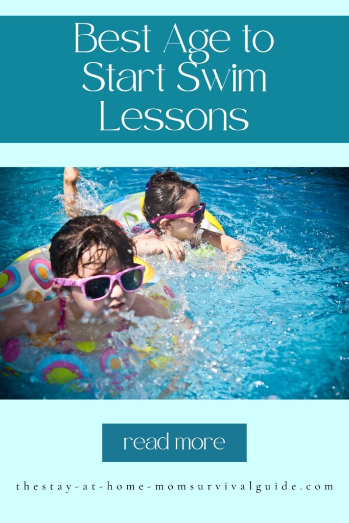 Two girls swimming in a pool with sunglasses on in floaties. Text reads best age to start swim lessons read more at The Stay-at-Home Mom Survival Guide.