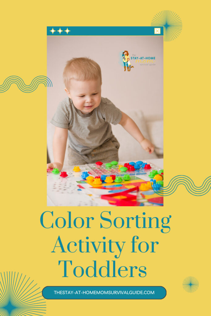 Toddler shown playing a color sorting game. Text reads color sorting activity for toddlers.