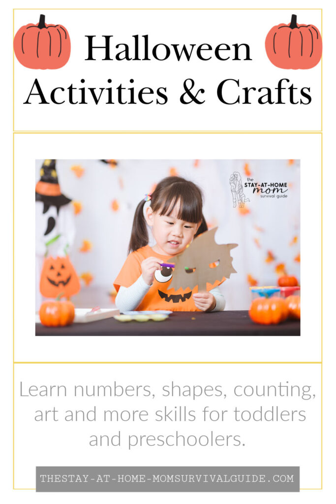 Girl painting a mask. Text reads Halloween activities and crafts learn numbers, shapes, counting, art and more skills for toddlers and preschoolers.
