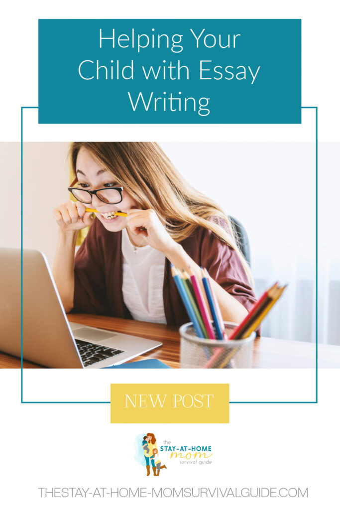 Teen chewing on pencil in frustration while writing an essay. Text reads helping yoru child with essay writing.