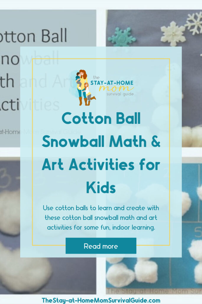 Cotton ball snowball math and art activities for preschool kids to learn on cold winter indoor days.