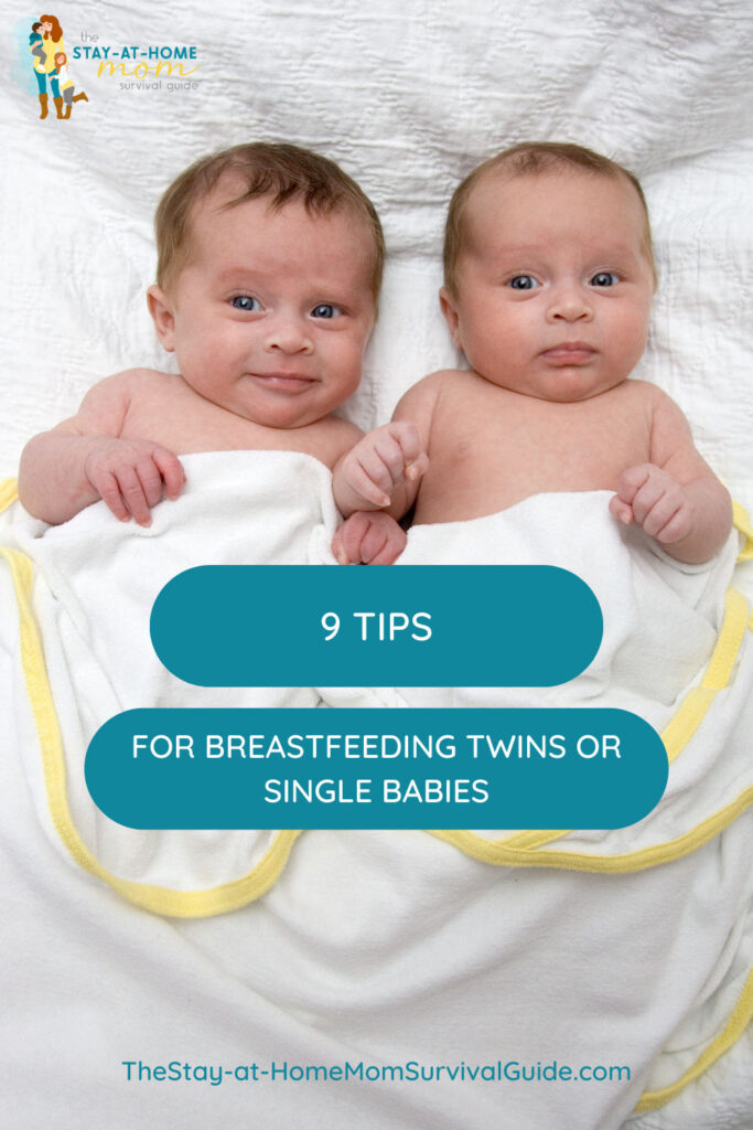 Twin babies covered in a blanket. Text reads 9 tips for breastfeeding twins or single babies.