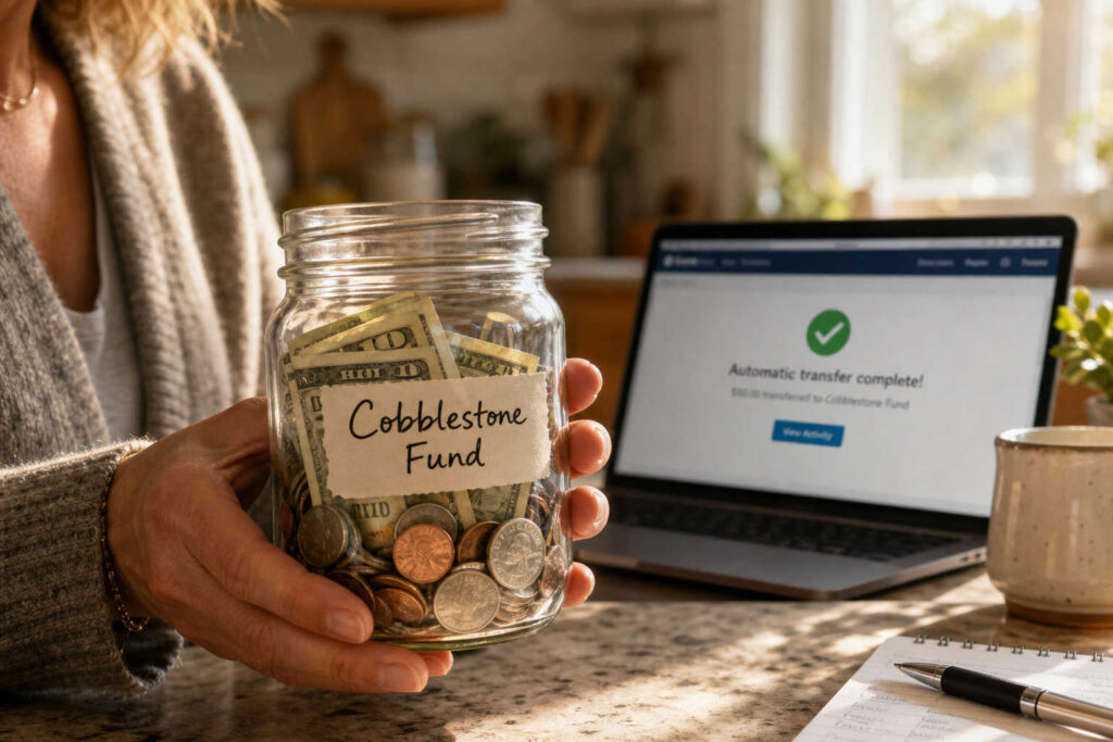 Jar labeled 'Cobblestone Fund' beside online transfer confirmation
