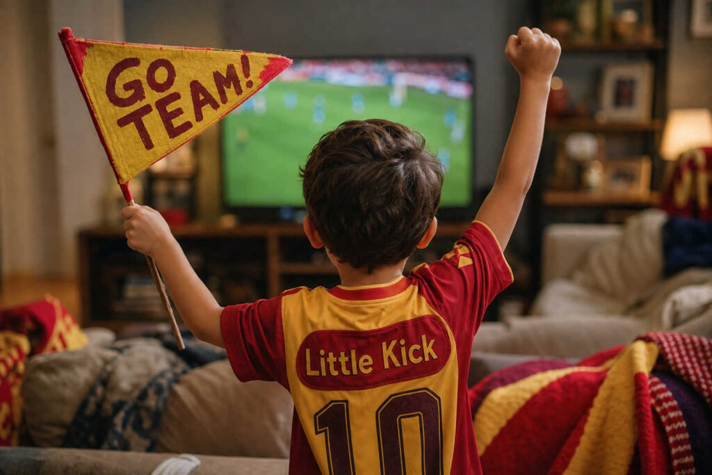 Child cheers wearing team colors in cozy living room
