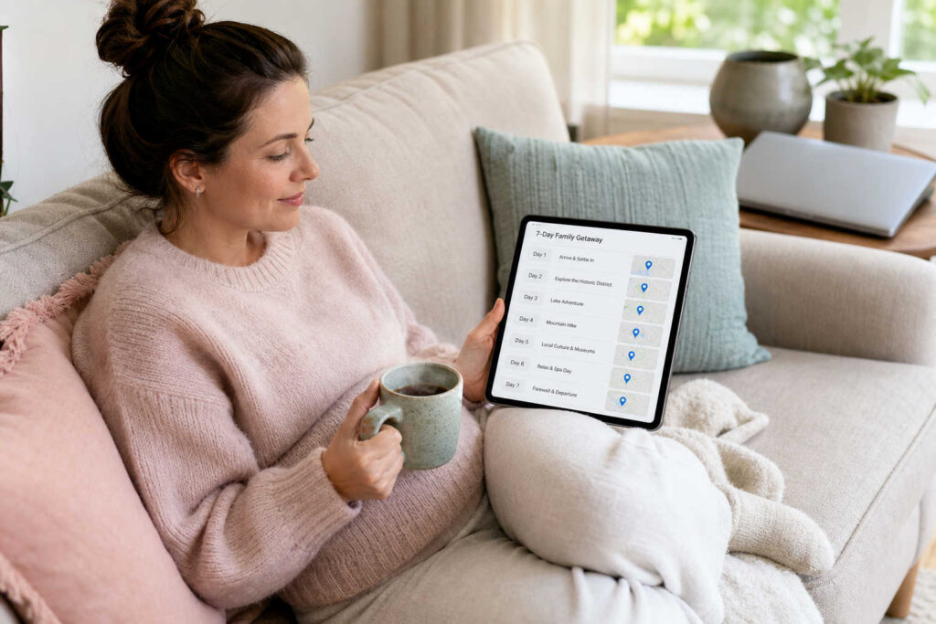 Woman relaxes on sofa with tablet trip plan
