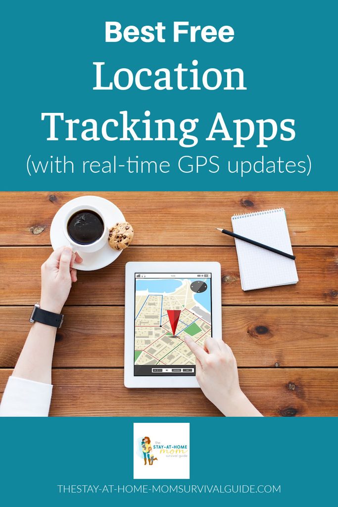 Woman seated at table with cup of coffee looking at a location on her tablet. Text reads best free location tracking apps with real time GPS updates.