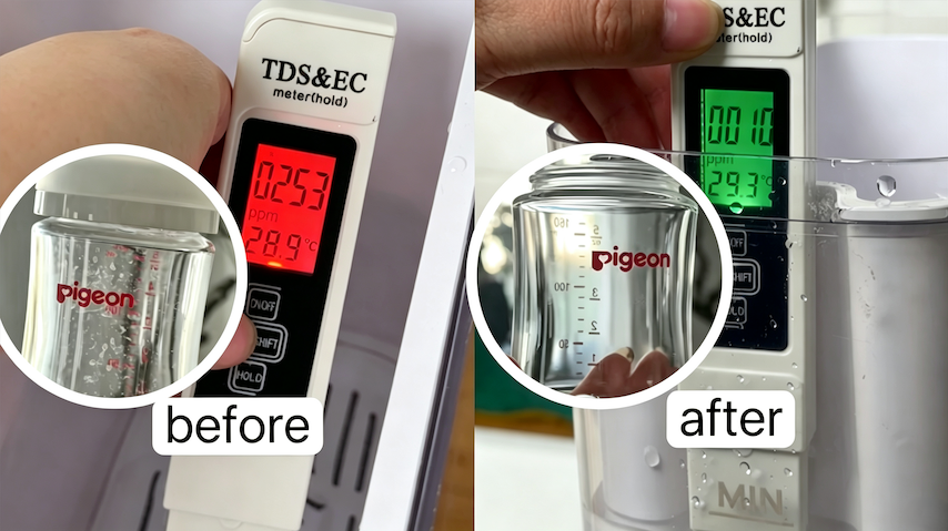 Alt: TDS meter test before and after filtration by Papablic SafeguardPlus™ baby bottle washer (P8Plus), reduce water mineral content to prevent limescale on baby bottles