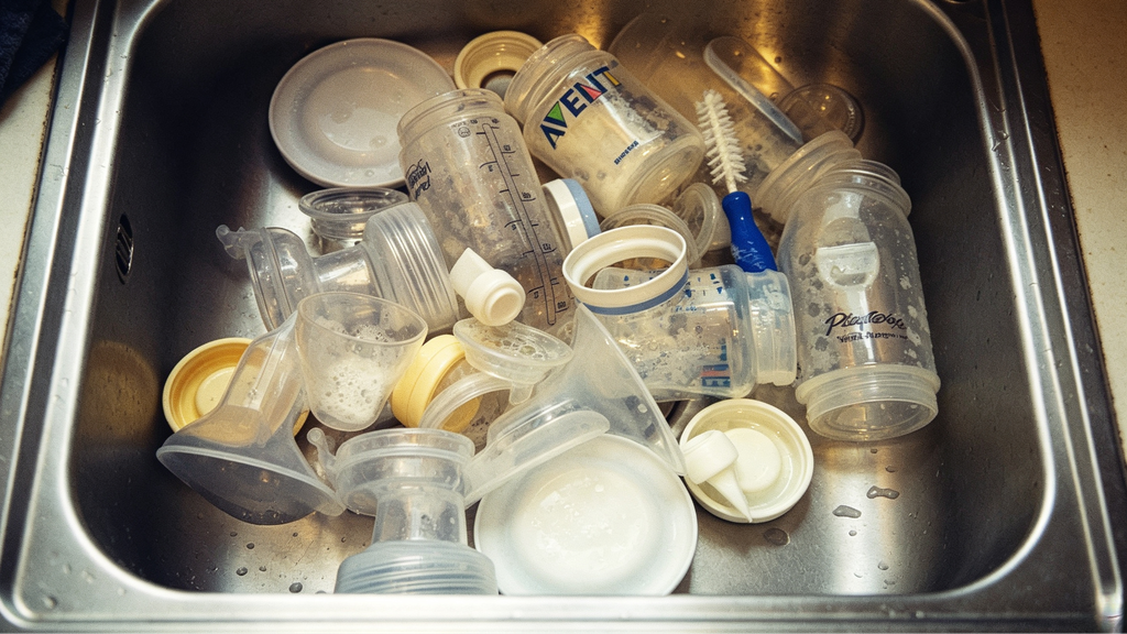 Dirty baby bottles, breast pump parts and dishware piled in stainless steel kitchen sink
