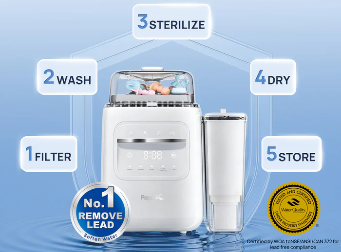 Alt: Papablic SafeguardPlus™ baby bottle washer (P8Plus) with 5 functions- filter, wash, sterilize, dry and store