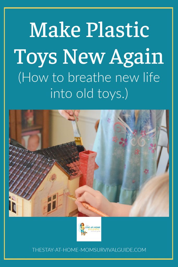 Children painting a plastic toy house. Text reads how to make plastic toys new again.