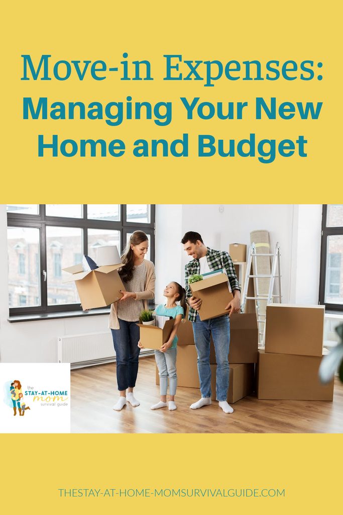 Mother, father and daughter holding boxes standing in their new home. Text reads planning for move-in expenses on a new budget and new home.